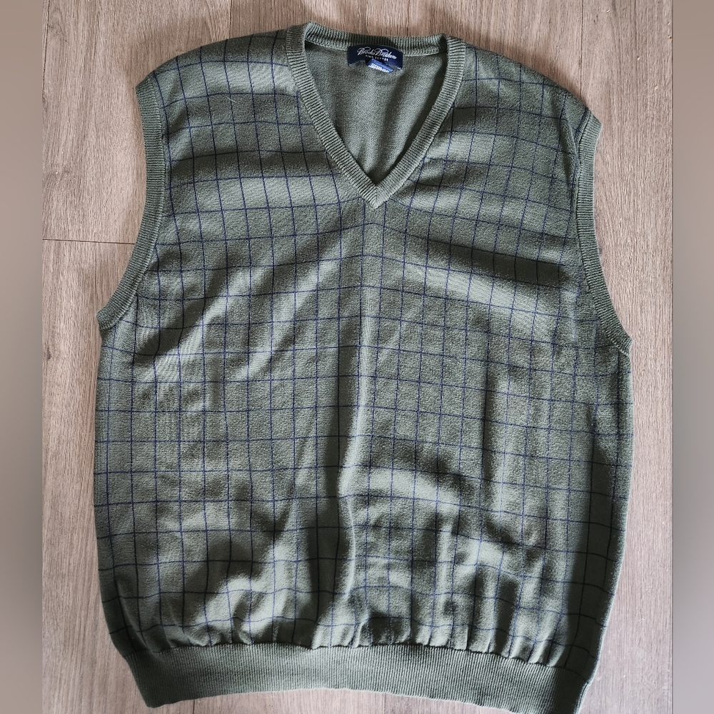 Brooks Brother's Green Checked Sweater Vest Pima Cotton‎ Men's Size XL